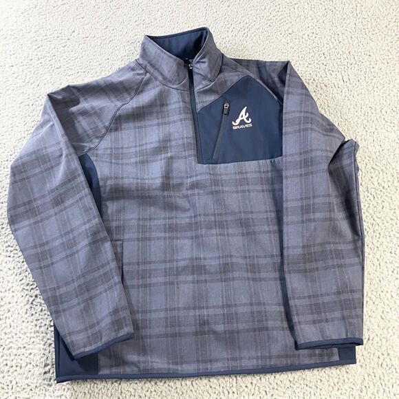 G III Atlanta Braves Sweater Mens Large Blue Plaid 1/2 Zip Pullover Logo - Picture 1 of 7